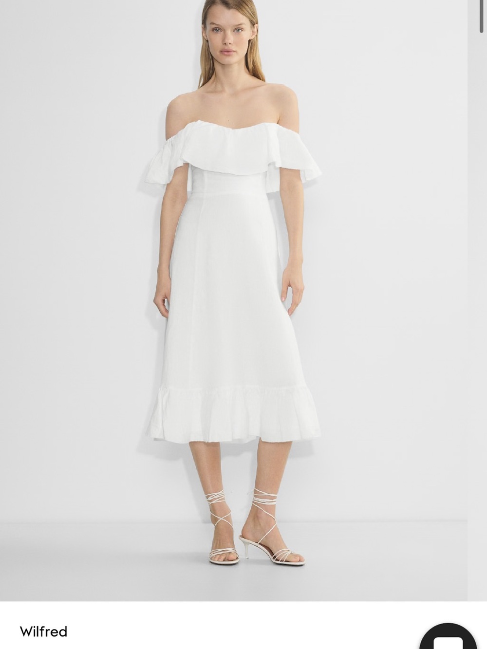 Wilfred White Off-Shoulder Ruffle Midi Dress